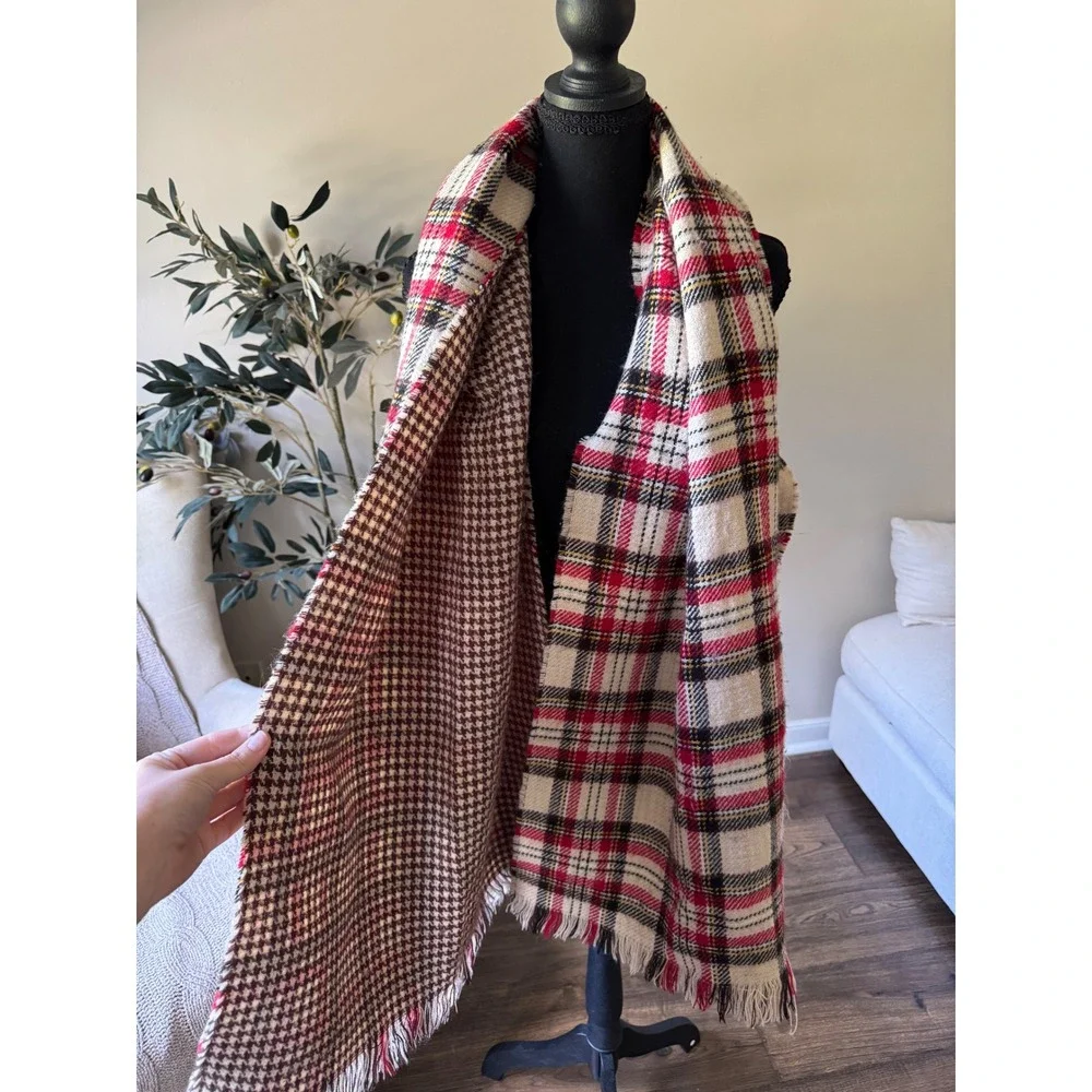 Reversible Plaid and Houndstooth Oversized Blanket Scarf Red Brown Fringe Wrap
